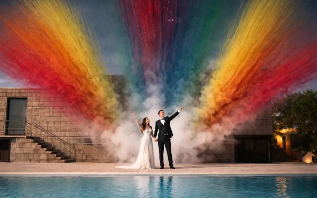 Inspiração de casamento com um leque de fumos coloridos junto a uma piscina